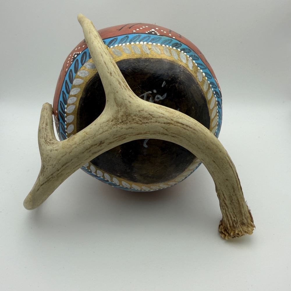 Southwestern Hand-Painted Gourd Vase Antler Base Rustic Lodge Decor Folk Art - Picture 10 of 11